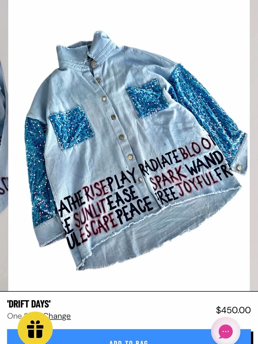 Wren + Glory Drift Days Light Blue Sequin-Sleeve Graphic Jean Jacket/Shirt